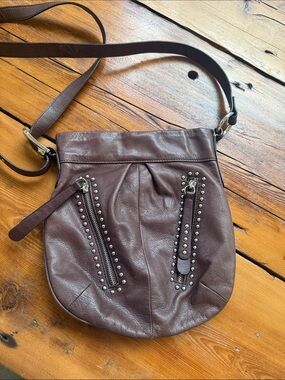 b. makowsky Brown Leather Crossbody with Studded Zipper Details